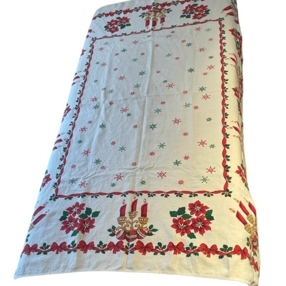 Vintage 1950s Rectangular Table Cloth Linen Snowflake Poinsettas Candles 59x49